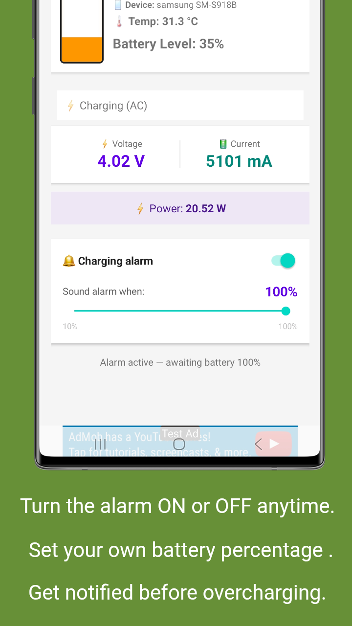 Charging Alarm Settings - Set custom percentage threshold with slider