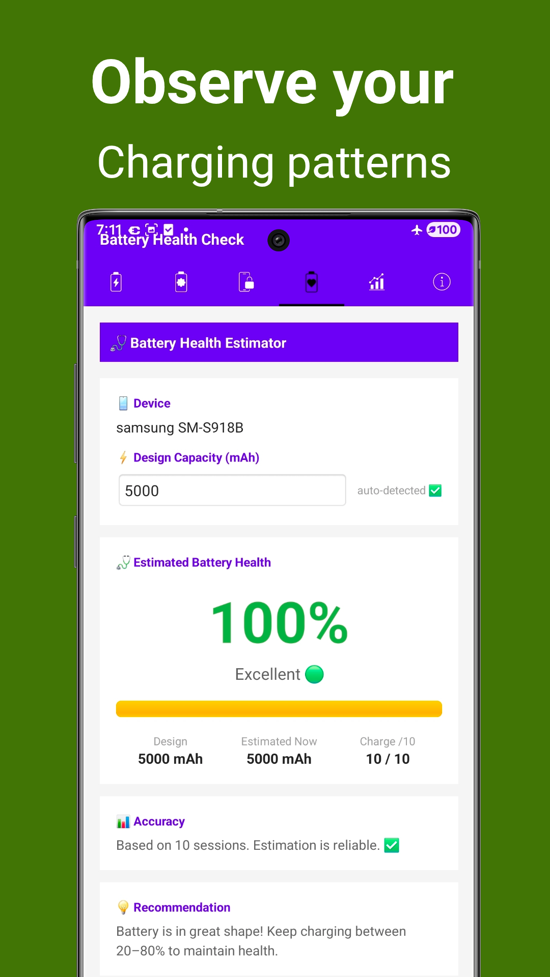 Battery Health Estimator - Health percentage and recommendations