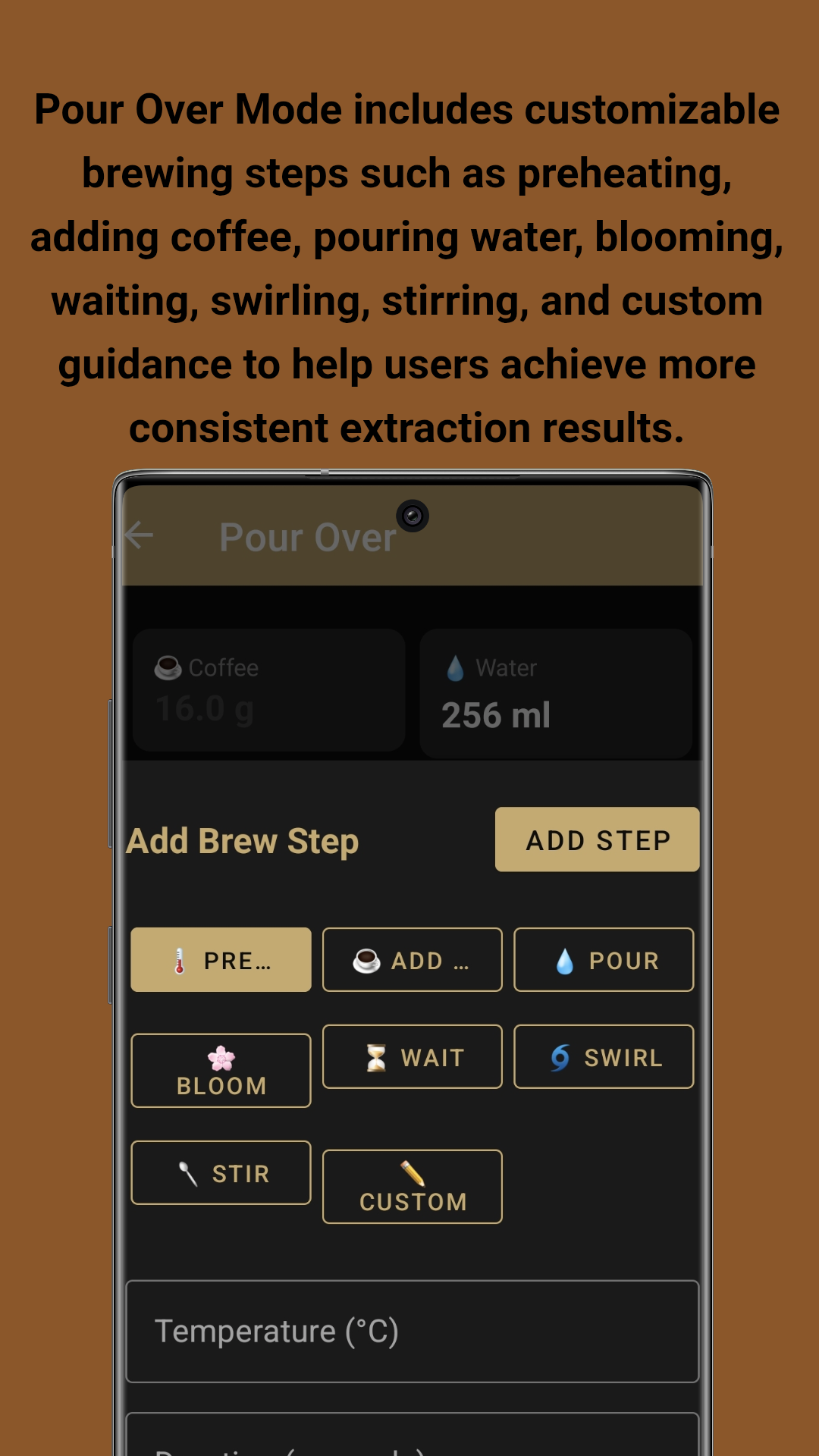 Pour Over Mode - Customizable steps including preheating, adding coffee, pouring water, blooming, waiting, swirling, and stirring