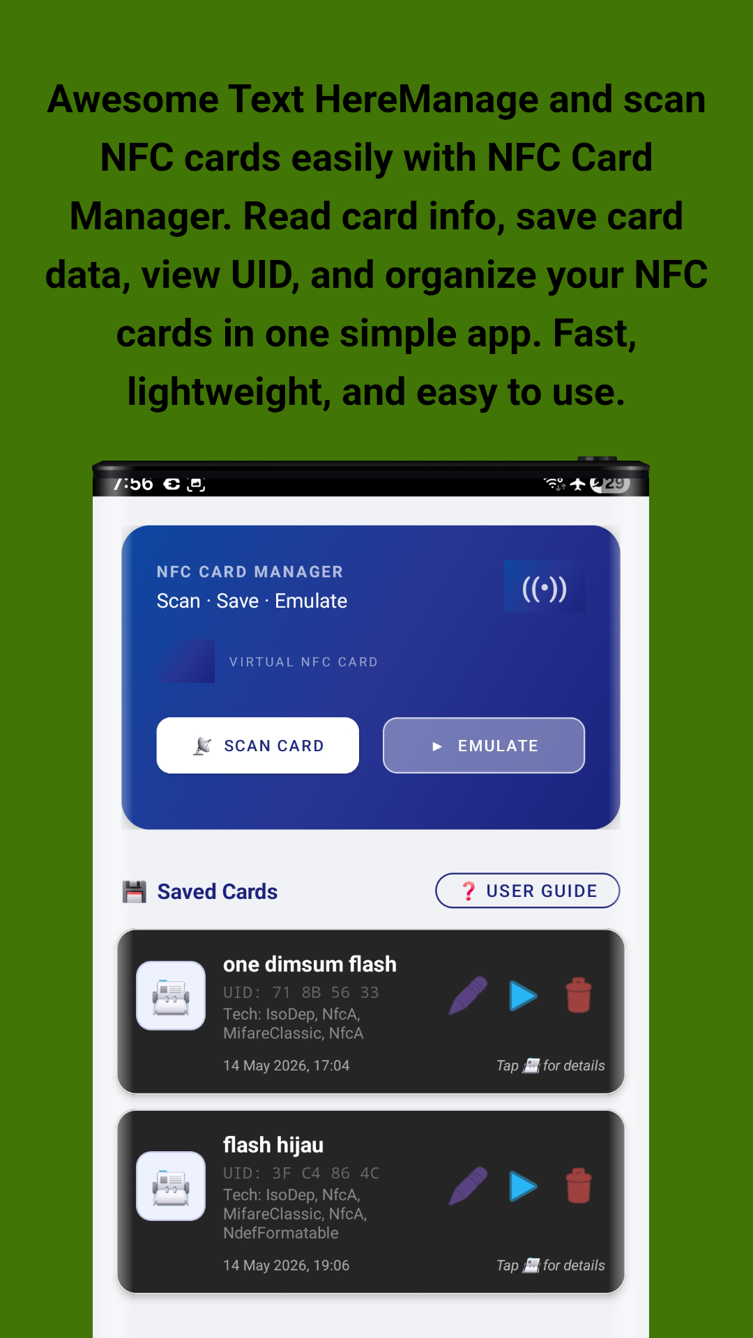Home Screen - Scan Card and Emulate buttons with Saved Cards list