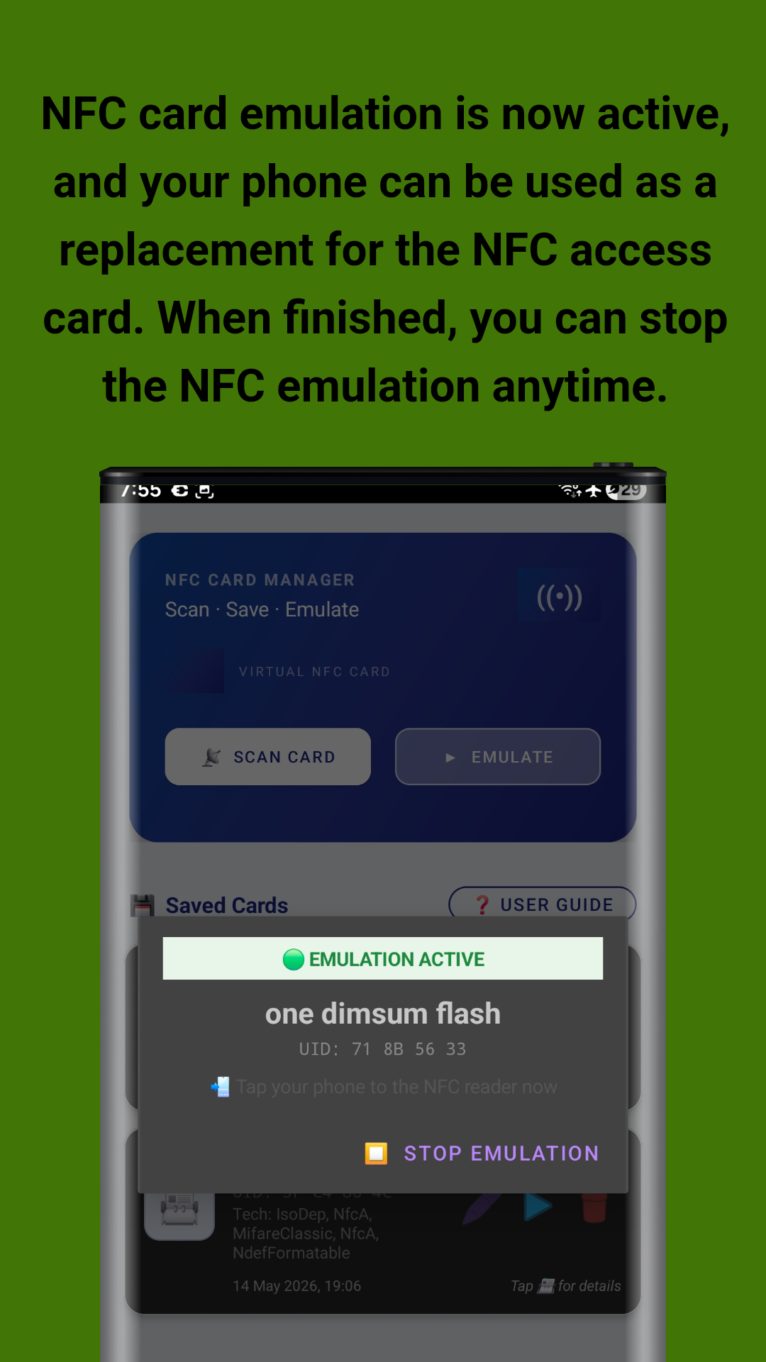 Emulation Active - Phone acts as virtual NFC card