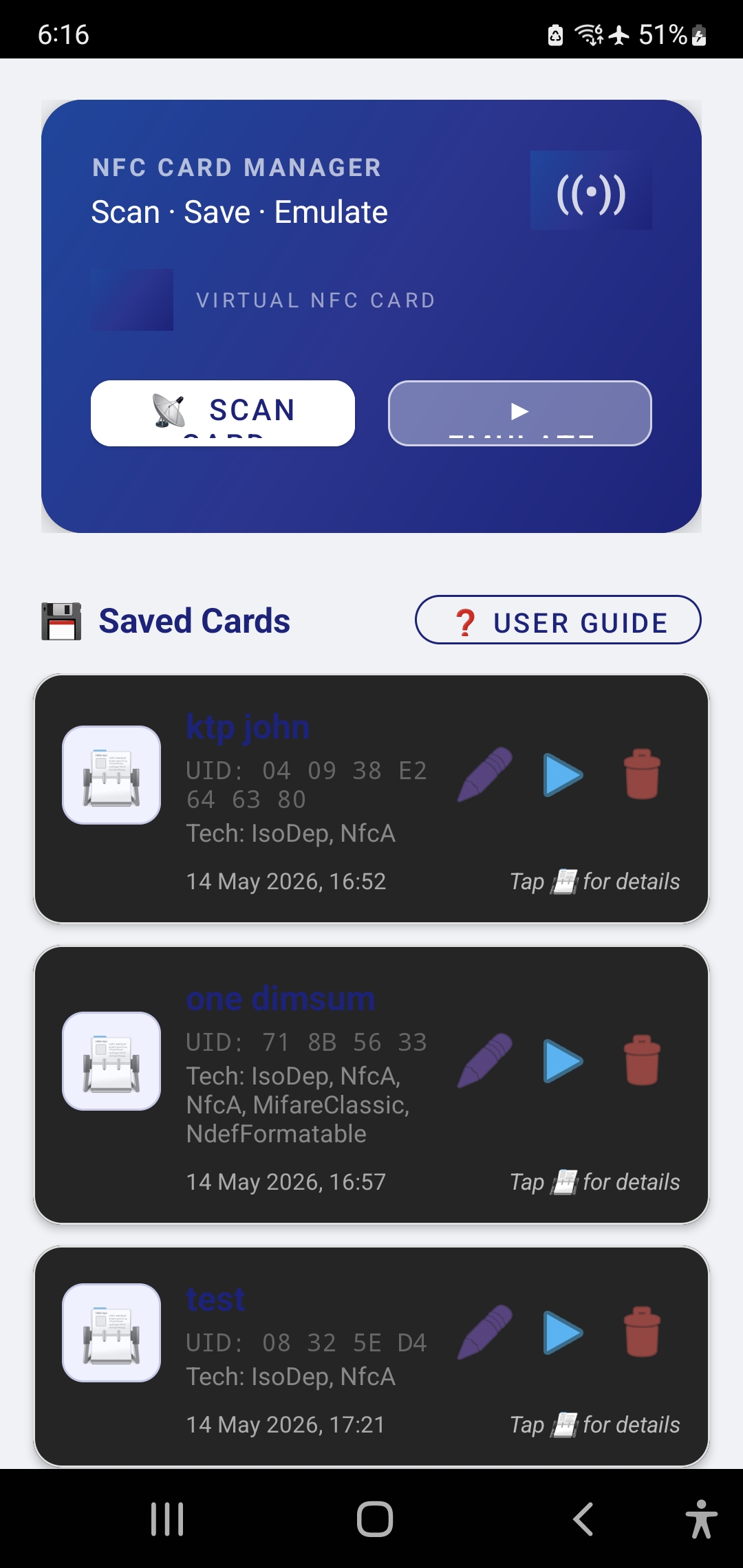 Saved Cards with multiple entries - ktp john, one dimsum, test