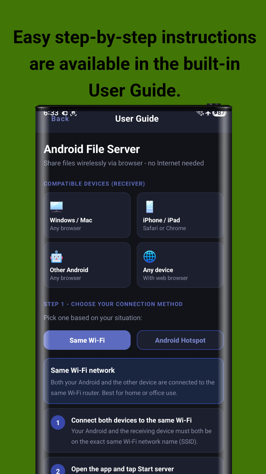Built-in user guide with step-by-step instructions