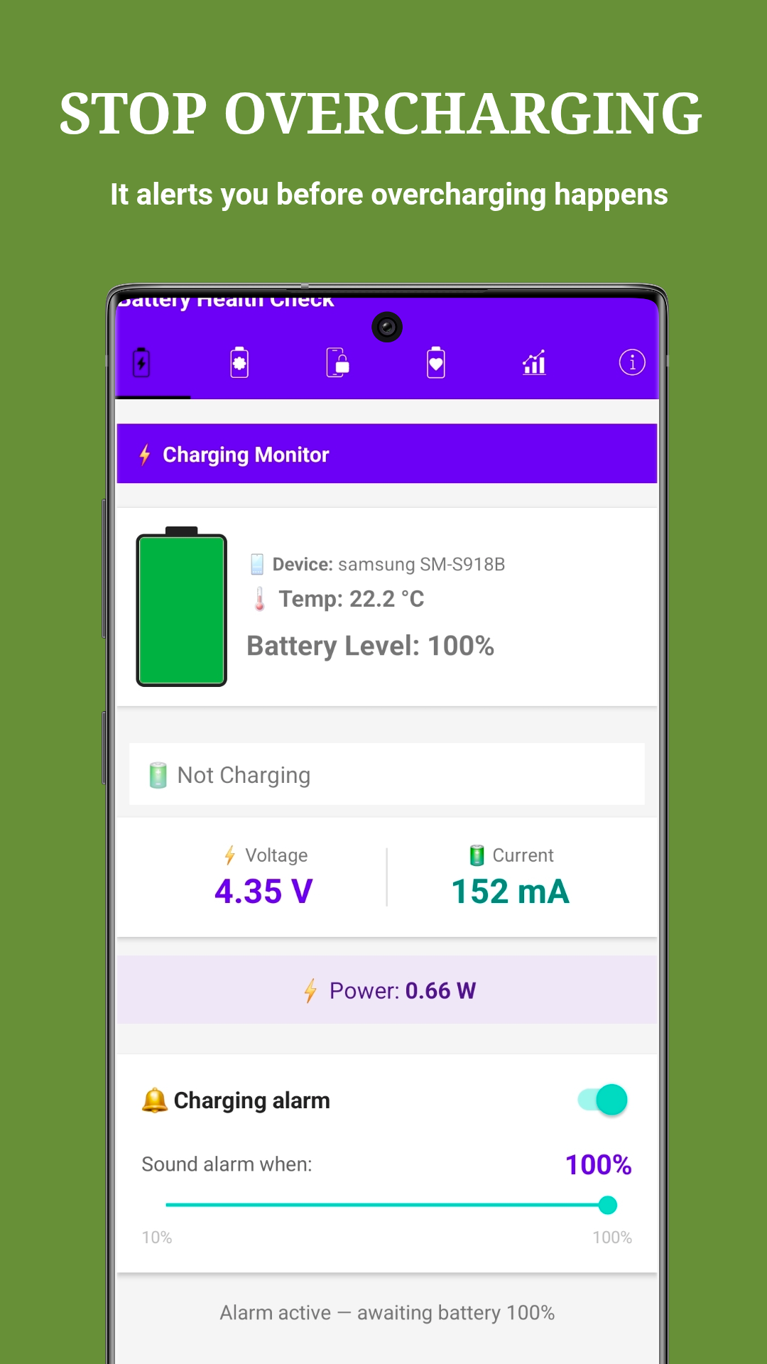 Charging Monitor - Real time voltage, current, and power readings with battery level indicator